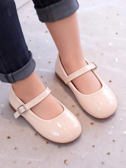 Girls' Simple Solid Color Shoes, Glossy Patent Leather Metal Buckle Strap, Lightweight Non-Slip Everyday Princess Leather Shoes, Suitable For Daily Wear
