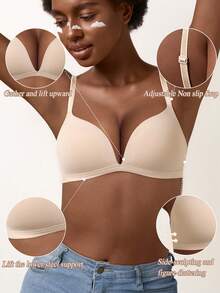 女士无钢圈提拉支撑文胸 - 舒适T恤文胸，全天候提拉塑形支撑，无缝亲肤，提升日常穿着自信 - 米色 - 查看 4