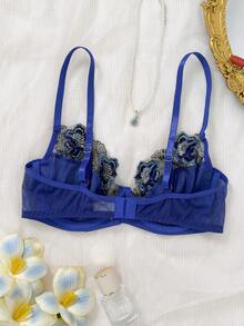 女士两件套棕色花卉刺绣缎面薄纱钢圈文胸和丁字裤内衣套装 - 藍色 - 查看 2