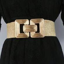 Fashionable Gold Square Buckle Elastic Waist Belt, Versatile Minimalist Waist Cincher For Dresses, Women Casual Solid Color Bohemian Retro Chic Party Cute Sexy Street Elegant Versatile For All Seasons - Gold - View 1