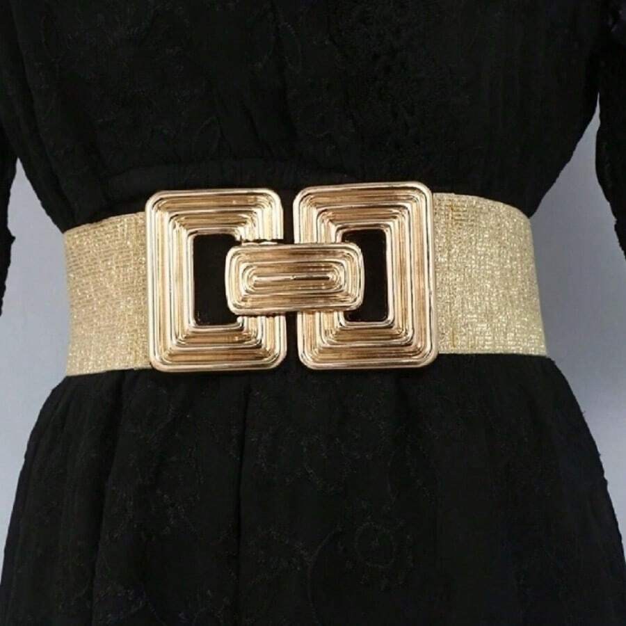 Fashionable Gold Square Buckle Elastic Waist Belt, Versatile Minimalist Waist Cincher For Dresses, Women Casual Solid Color Bohemian Retro Chic Party Cute Sexy Street Elegant Versatile For All Seasons - Gold - View 1