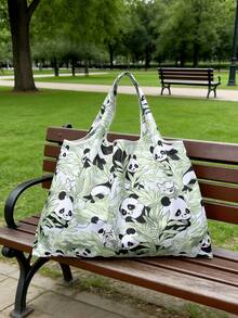 1个女士手提包，熊猫图案，绿色可折叠大容量购物袋，简约设计，百搭风格，适合通勤、旅行、购物，便捷的开合设计，多功能，适用于各种场合，经典耐用，触感舒适，易于清洁，易于搭配 - 綠色 - 查看 3