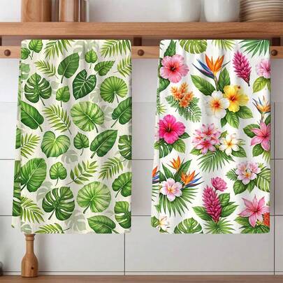 2pcs Floral & Palm Leaf Print Towels - Decorative Towels, Super Absorbent Microfiber, Machine Washable, Suitable For Holiday Decor, Cooking, Baking, Housewarming Gifts And Cleaning Supplies, Fit For Kitchen, Bathroom, Toilet