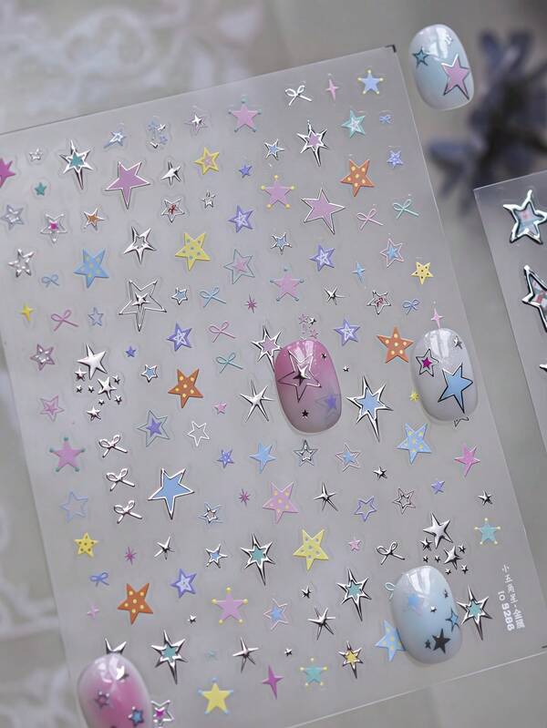1片5D星星美甲贴纸，白色、粉色、蓝色、激光银、金色星星美甲贴纸，不对称星星美甲贴纸，自粘美甲用品及装饰品，女士适用
