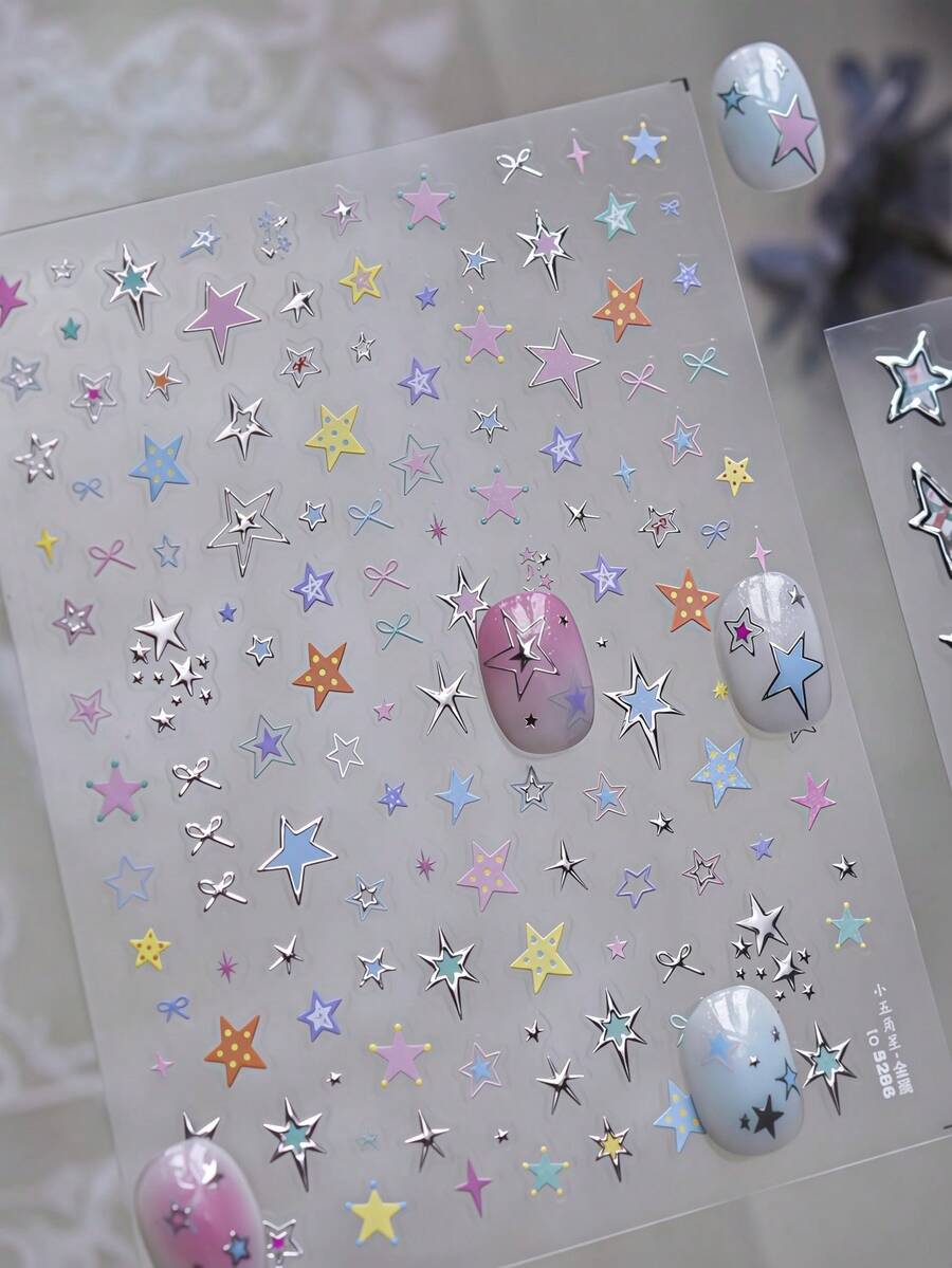 1片5D星星美甲贴纸，白色、粉色、蓝色、激光银、金色星星美甲贴纸，不对称星星美甲贴纸，自粘美甲用品及装饰品，女士适用 - 彩色 - 查看 1