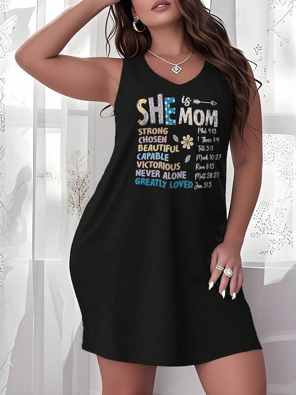 Women's Plus Size Nightgown She Is Mom Print Camisole Nightdress Casual Summer Vacation Clothing Gifts For Women Sleeveless Pajamas For Women Set Mother's Day Gift