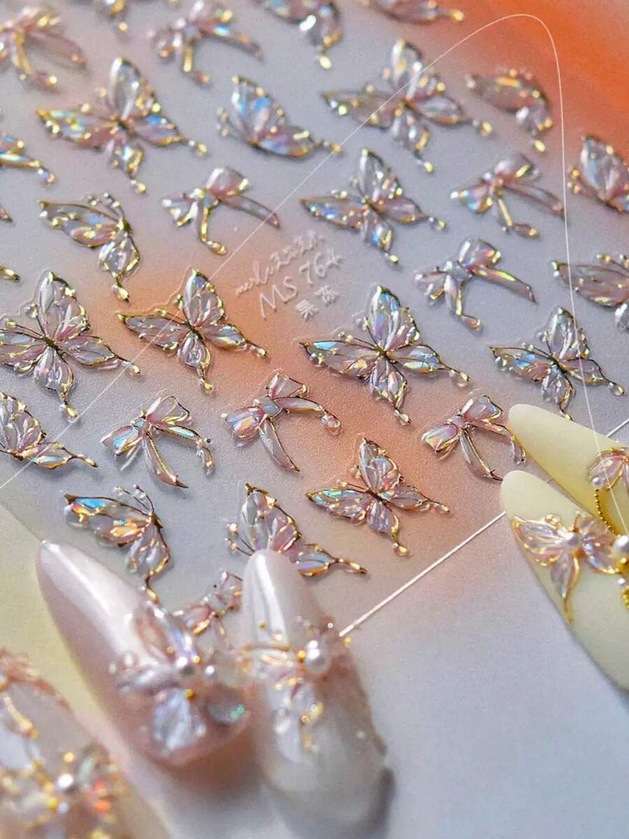 1pc Shiny Butterfly Nail Art Sticker, Delicate Butterfly Nail Sticker, DIY Thin Hard Nail Decoration Sticker - Multicolor - View 1