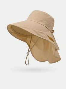 Women's Summer Sun Hat, Outdoor Cycling Neck Protector, Wide Brim, Breathable, Foldable, Hiking Bucket Hat, Fashionable, Versatile, Solid Color, Casual, Polyester Fiber (Polyester) Solid Color Windproof And UV Protection Hat For Spring And Summer., Beach, Vacation - Hat - View 15