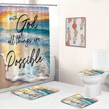 1pc/4pcs Beach Scenery Pattern Bathroom Decor Shower Curtain Set, Free 12 Hooks Included, Elegant Holiday Atmosphere, Bathroom Mat, U-Shaped Floor Mat And Round Toilet Mat, Suitable For All Scenarios Bathroom Set - Beach Text - View 4