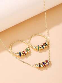 Set de 3 piezas de joyería de plástico con cristales de estilo europeo y americano, que incluye aretes y collar, adecuado para uso diario de mujeres o como regalo - Multicolor - Ver 3