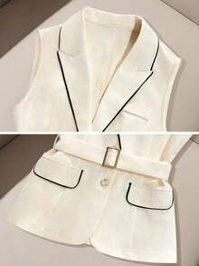 女士高品质无袖西装外套和短裤套装，撞色包边，收腰设计，适合办公室和日常穿着，春夏皆宜。 - 杏色 - 查看 5