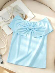 Women's Sweet Light Blue Off-Shoulder Top - Bow Decor Ruffle Hem Short Sleeve Fitted Blouse, Suitable For Summer, Valentine's Day, Vacation, Beach, Party, Wedding, Casual Daily, Spring & Summer Holidays, Cute & Elegant Top - Blue - View 6