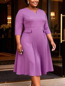 Plus Size V-Neck 3/4 Sleeve Ruched A-Line Spring/Summer Dress, Commuter Style, Cocktail Party Semi-Formal Dress, Suitable For Birthday, Wedding Guest, Graduation Ceremony, Gala, Homecoming - Purple - View 4