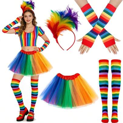 Set de 6 piezas de disfraz de carnaval: Mangas para los brazos de colores, calentadores de piernas, diadema, falda de tul TUTU, adecuado para mascarada, carnaval, fiesta de cumpleaños, cosplay, disfraz de moda