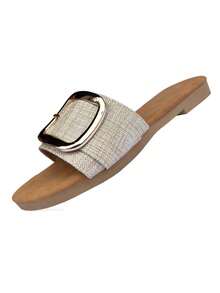 Women Apricot Buckle Detail Flat Slide Sandals, Fashionable Open Toe Mules For Daily,Spring Summer Outfits - Màu be - Xem 9