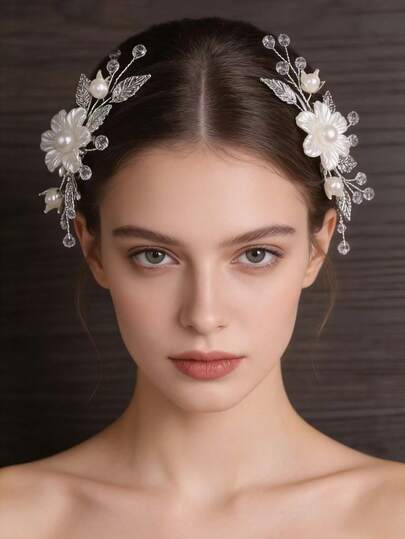 2个手工水晶新娘发夹，优雅水晶花叶设计，婚礼摄影发饰