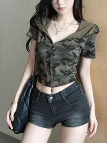 Áo cardigan/áo croptop phong cách đường phố Hàn Quốc mùa hè, dáng ôm, tay ngắn, họa tiết rằn ri, có mũ trùm đầu. - xanh quân đội - Xem 5