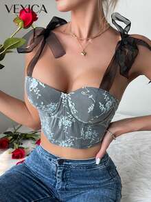 Áo hai dây ren rỗng thắt dây gợi cảm Vexica dành cho nữ, kiểu áo corset có gọng, thích hợp cho những buổi đi chơi mùa hè và mặc hàng ngày. - màu đen - Xem 4