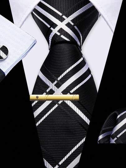 Men's Black White Plaid Tie Set – Matching Pocket Square, Cufflinks & Gold Tie Clip, Stylish Formal Necktie For Business