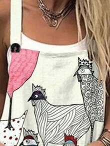 Hand-Painted Colorful Chicken All-Over Print Women's Adjustable Strap Jumpsuit, Polyester Fiber Fabric, Lightweight And Breathable, Women's Clothing, Standard Size Jumpsuit, Plus Size Women's Clothing, Plus Size Jumpsuit And Romper, Plus Size Jumpsuit - Nhiều màu - Xem 3