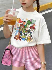 Disney Toy Story Family Photo Short Sleeved, Featuring Characters Such As Buzz Lightyear And Woody, Paired With Mickey Balloons And Star Elements, With Bright And Lively Colors Print Pattern Summer Tops,Short-Sleeved Casual And Cute Style  Children's Clothing Design, Girl Clothes For Kids ,Ropa Para Niños,Girl Clothes For Kids,Graphic Tee, Summer Clothes,Perfect For Cool Girls. Comfortable And Breathable Children's Short-Sleeved T-Shirt. Comfortable And Casual Wear All Year Round 180g Pure Cotton Children's Clothes,Comfortable & Lightweight, Iconic Print For Mix-And-Match Outfits,Suitable For Both Boys And Girls. - White - View 2