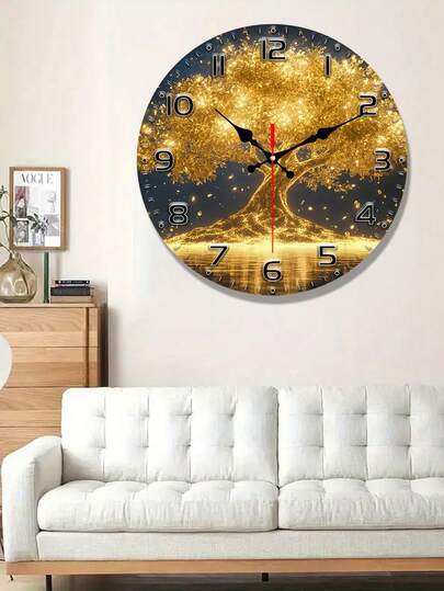 1个现代奢华金色模拟挂钟，黑色指针和金色表盘，石英静音机芯，大号易读黑色数字，简约黑金设计，适用于客厅、卧室、办公室、厨房、浴室等场所，无需电池，耐用仿木边框，黑金模拟挂钟，适合家居装饰，走时稳定，时尚挂钟，客厅挂钟