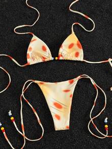 两件套全身印花性感露背系带女士泳衣比基尼，适合春夏季节在海滩、度假村、舞台和音乐会等场合穿着。 - 橘色 - 查看 3