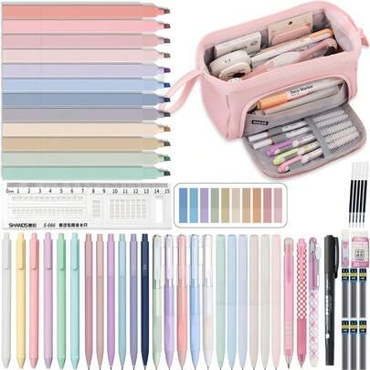 Aesthetic Study Supplies Set: 0.5mm Mechanical Pencil, Large Capacity Pencil Case, 12pcs Highlighters, 6pcs Black Ballpoint Pens, Student Stationery, Christmas Gift, Back To School Essential