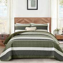 Quilt Set Queen Size Sage Green Striped Bedding Set 3 Piece Lightweight Bedspreads Coverlets Set Soft Microfiber Summer Striped Quilts With 2 Pillowcases All Season Patchwork Comforter Set 96"*90" - Sage Green - Ver 1