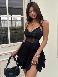 Women's Black Pleated Mini Skirt, Double-Layer Hem, Non-Stretch Fabric, Casual Style - Black - View 3