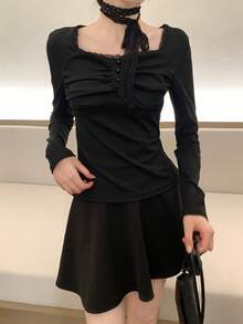 Áo thun dài tay dáng ôm gợi cảm, cắt ngẫu nhiên dành cho nữ - màu đen - Xem 2