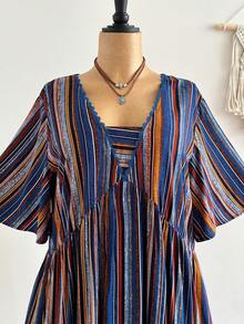 大码女式波西米亚风多色条纹印花连衣裙，适合海滩、休闲、度假等各种场合，优雅夏季之选 - 彩色 - 查看 4