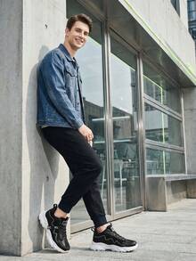 Men's Black And White Sneakers With Chunky EVA Sole Wave Design Side Logo Stylish Athletic Shoes For Modern Urban Look Streetwear Fashion Casual Wear - Đen và trắng - Xem 6