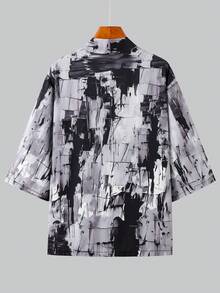 Abstract Brush Stroke Print 3/4 Sleeve Robe, Streetwear Loose Fit Lightweight Cardigan, Men's Kimono Shirt - Multicolor - View 7