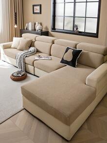1件纯色毛绒沙发套，弹性包覆式设计，保暖舒适，简约ins风，宠物友好，防滑防污，弹力贴合沙发套，适用于客厅、卧室、书房，1-4人座带扶手靠背沙发。 - 卡其色 - 查看 5