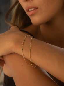 1pc Minimalist Women's Bracelet, Made Of Stainless Steel And Beaded Decor, Double-Layer Design, Bohemian Style, Oil Drop Chain, Fashion Accessory - Gold - View 2
