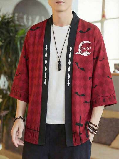 Kimono Style 3/4 Sleeve Robe, Red Plaid Loose Fit Sunscreen Cardigan, Unisex Kimono Shacket