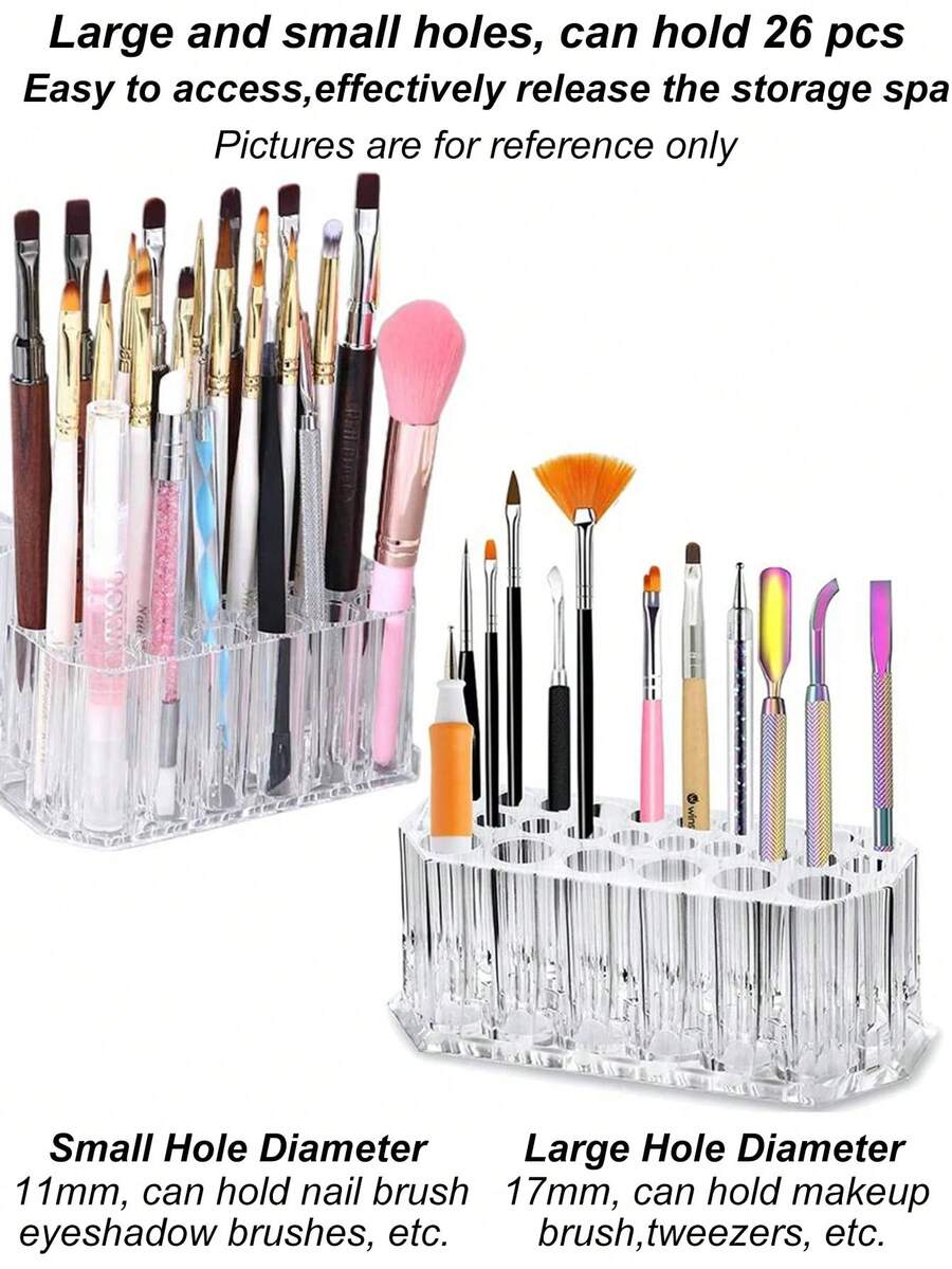 1 pièce Organisateur de pinceaux à ongles avec 26 trous, support de rangement pour eyeliner, présentoir de rangement pour cosmétiques et stylos. Présentoir acrylique pour pinceaux de maquillage. Accessoire pour manucure - Transparent - Voir 1