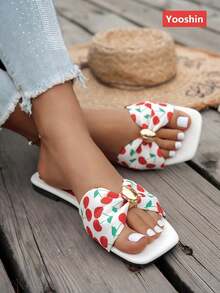 新款女士凉鞋，平底方头设计，清新蝴蝶结点缀，高端金色五金配件，套脚款式，轻便舒适，百搭单品，适合居家、春夏户外活动、休闲乡村度假、街头时尚沙滩拖鞋。 - 紅色 - 查看 5