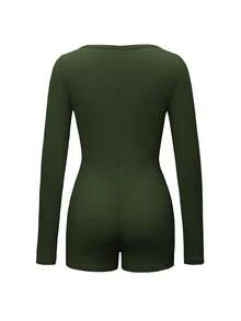 Vaiaye Salopetă minimalistă pentru femei, cu decolteu în V, culoare solidă, cu nasturi - Salopetă scurtă, croială slim, cu mânecă lungă, potrivită pentru fitness, sporturi în aer liber sexy și versatile, ceremonie de absolvire, sezonul de întoarcere la școală, salopetă tricotată de toamnă/iarnă, elegantă de primăvară - verde închis - Vizualizare 4