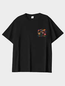 Frühling/Sommer Oversized Top, 100% Baumwolle, Damen Kurzarm T-Shirt, lustige und farbenfrohe Blumenmuster, Rundhals, weich und bequem, lässig, Streetwear, Y2K, Strand, Abschlussfeier, Urlaubstop, Musikfestival, schwarzes Top - Schwarz - Übersicht 7