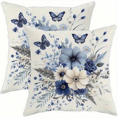 Bộ 2 gối trang trí một mặt in hình hoa và bướm màu xanh cổ điển, phong cách đồng quê mùa xuân, có khóa kéo, phù hợp cho ghế sofa và giường, kích thước 14x14 16x16 18x18 20x20 inch, dùng để trang trí sofa hoặc làm gối ngủ.