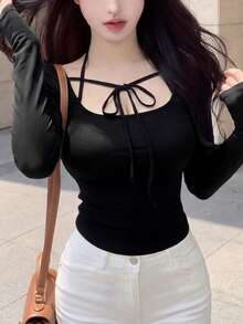 新款性感露肩修身短款上衣，袖口系带，适合春夏穿着 - 黑色 - 查看 3