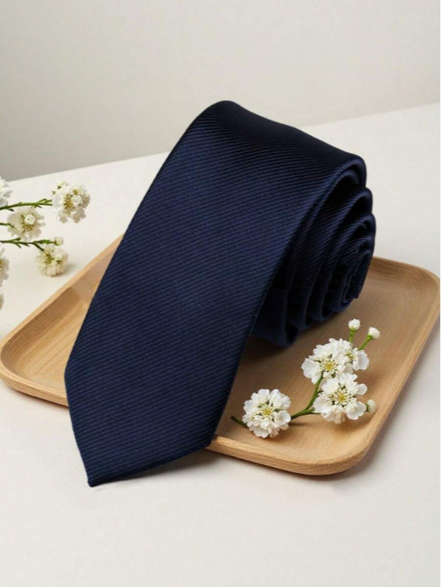1pc Men's Solid Navy Blue Micro Stripe Textured Casual Necktie, Suitable For School, Suit, Commute And Daily Wear - Navy Blue - View 1