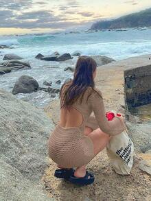 Women's Solid Color Sexy Hollow-Out See-Through Backless Long Sleeve Cover Up, Short Beach Dress, Spring/Summer Vacation - 卡其色 - 查看 5