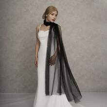 1件简约轻盈雪纺飘逸时尚仿珍珠超长拖尾多功能披肩/斗篷，适合搭配婚纱 - 黑色 - 查看 3