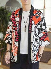 Anime-Inspired 7/8 Sleeve Kimono Robe, Red & White Musical Note Print, Loose Fit Lightweight Cardigan Jacket - Coral Orange - View 1