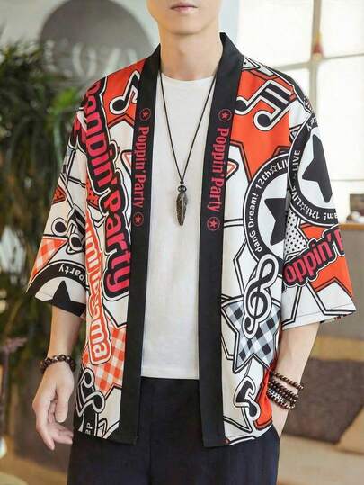 Anime-Inspired 7/8 Sleeve Kimono Robe, Red & White Musical Note Print, Loose Fit Lightweight Cardigan Jacket