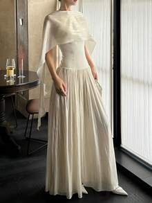 优雅女士缎面吊带褶皱连衣裙，适合毕业典礼、晚宴、奢华伴娘礼服、飘逸婚礼宾客装、假日旅行春季派对穿着 - 杏色 - 查看 9