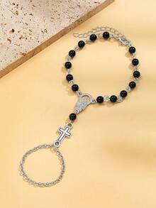 1pc Gothic Style Metal Chain Cross & Acrylic Rosary Knuckle Bracelet, Religious Jewelry Suitable For Daily Wear, Gatherings And Parties - Multicolor - View 2